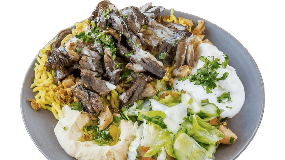 Chicken shawarma platter with yellow rice and salad at Donair Guys Winnipeg